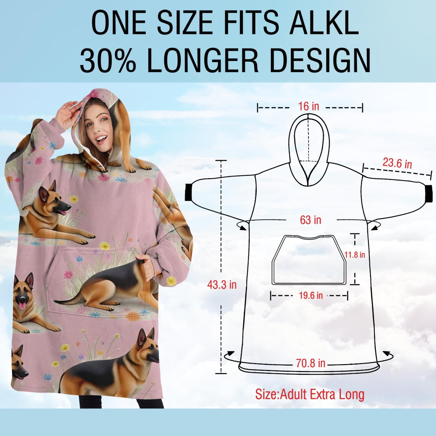 Oversized Wearable Blanket Hoodie,German Shepherd Sherpa Blanket Hoodie with Super Pockets,Super Warm Fuzzy Pullover for Women & Men