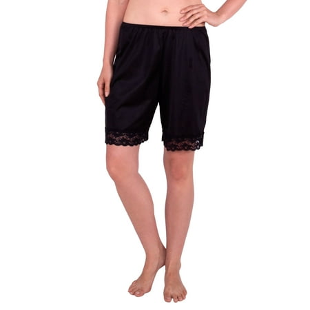 Under Moments Women s Classic Pettipants Bloomers Elastic Waist Black Shorts with Lace  Large  Black  18 Length