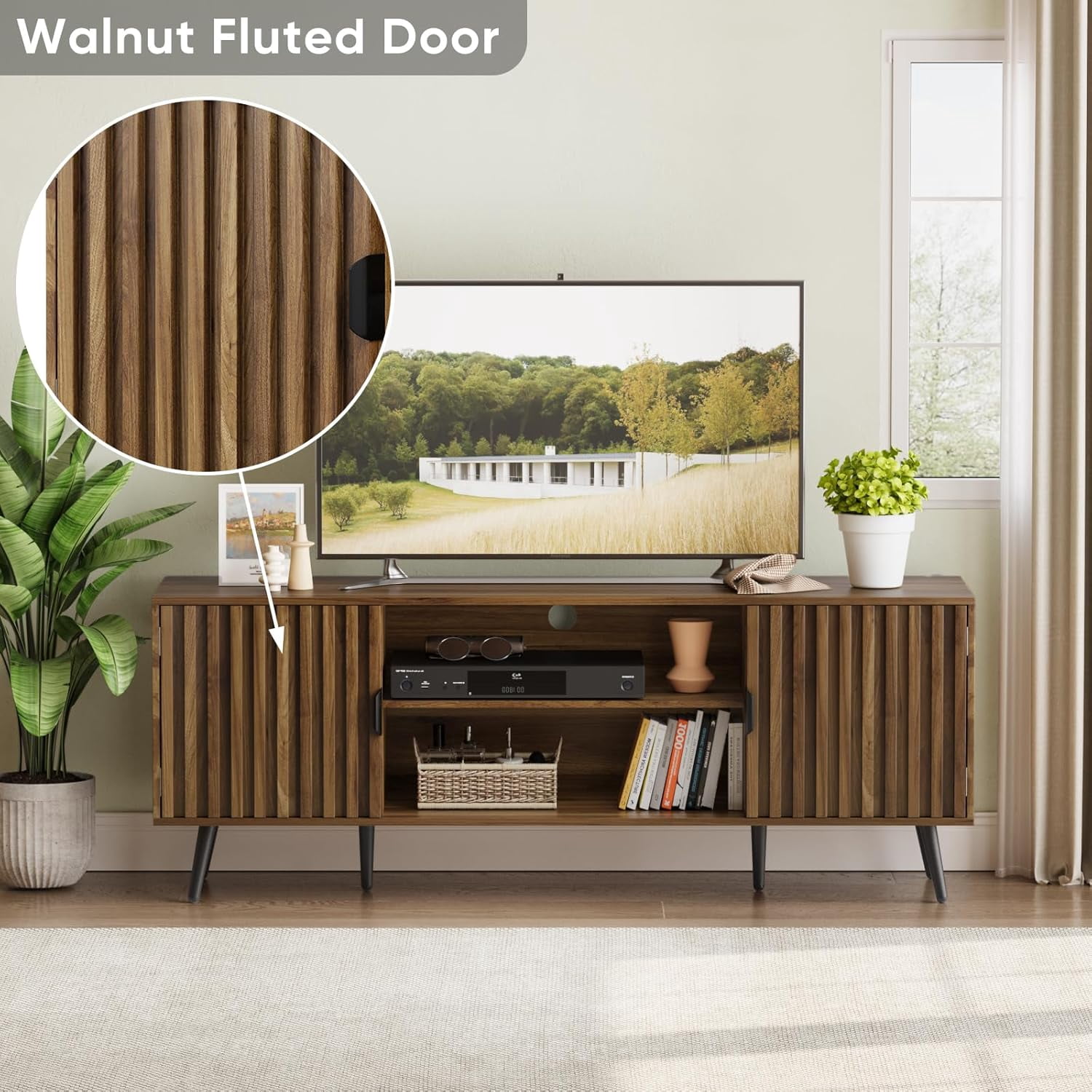 Smart FENDEE Mid Century TV Stands with Storage Entertainment Center for 70" TV,Living Room,Walnut