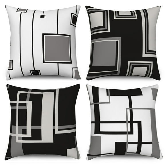 Pbobriich 4 PCS Geometric Pillow Cases Black Geometry Retro Line Linen Throw Pillow Covers for Sofa Bedroom 18x18
