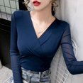 thumbnail image 4 of Women's Monochromatic V-Neck Long Sleeve T-Shirt Spring Clothes Temperament Office Lady Casual Tops Simplicity New Style Fashion, 4 of 5