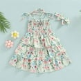 thumbnail image 7 of StylesILove Baby Toddler Girls Floral Print Smocked Tiered Sleeveless Dress & Headband 2pcs Summer Ruffle Sundress Outfit (Green, 12-18 Months), 7 of 7