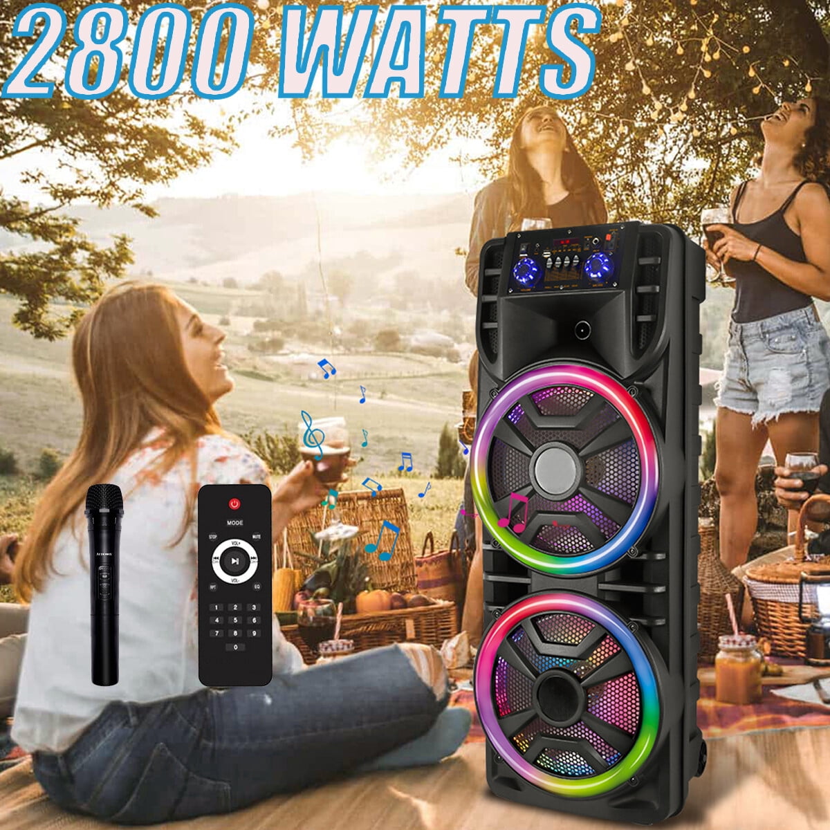 Curuk Wireless Speaker With Wireless Mic, 2800W Portable Bluetooth Speaker Dual 12” Subwoofer Heavy Bass Party DJ PA Sound System FM Mic LED Light
