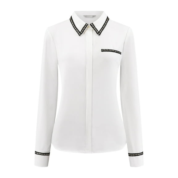 DARING DIVA Women's Long Sleeve Collared Button Down Tweed Office Shirt S White