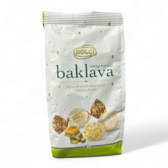 Bolci Baklava White Chocolate Twists with Pistachio and Baklava Crisps
