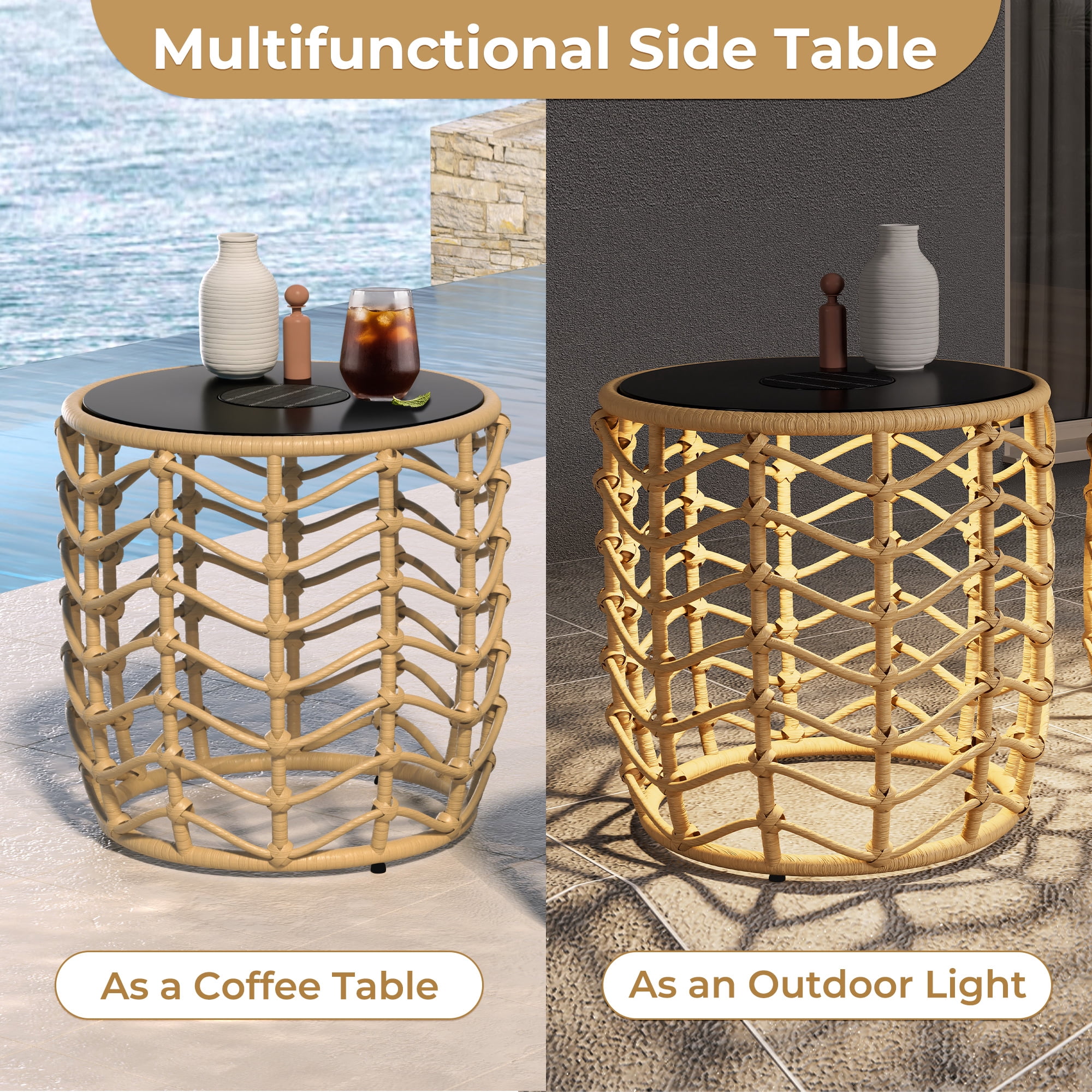 EVERITE Outdoor Wave Wicker End Tables Set of 2,Modern Boho Style with Built-in Solar Lights,Natural Brown