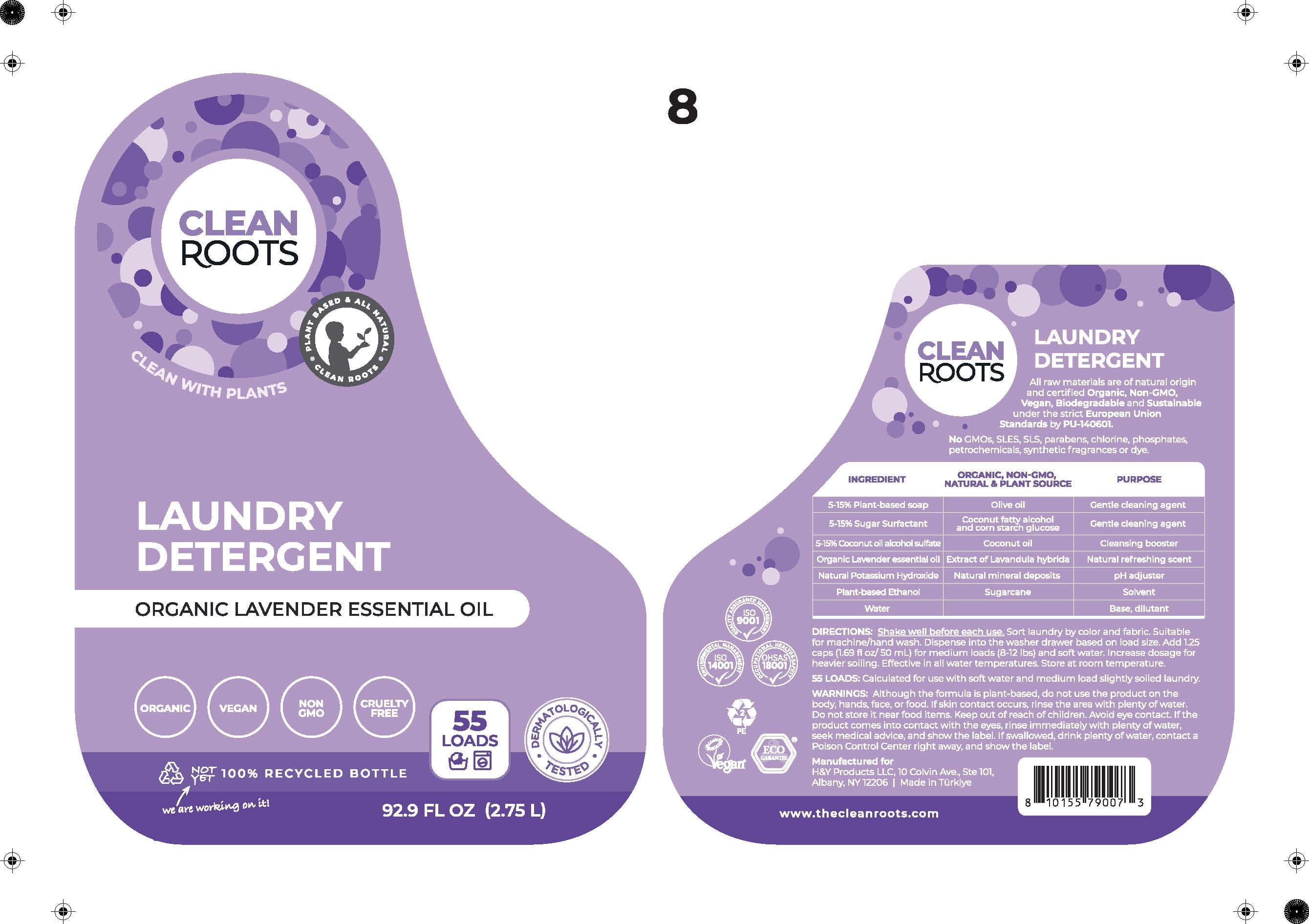 Clean Roots Lavender Laundry Detergent, EcoGarantie Certified 100% Organic & Natural, Dermatologically Tested & Approved, Scented with Organic Lavender Essential Oil - 55 Loads, 92.9 fl. oz (2.75 L)