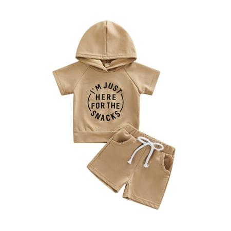 

Frobukio 2Pcs Infant Baby Boys Summer Clothes Letter Print Short Sleeve Hoodie Sweatshirt Tops + Stretch Shorts Sets Khaki 18-24 Months