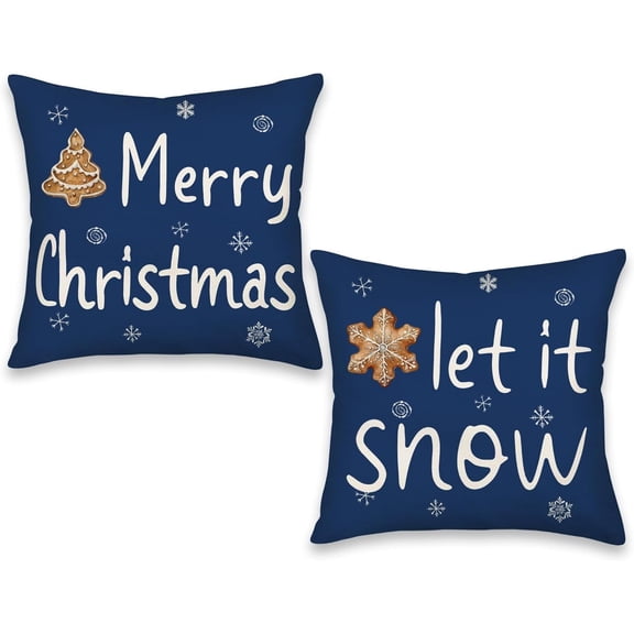 Christmas Pillow Covers 16x16 Inch Set of 2, Snowflake Merry Christmas Let it Snow Holiday Quote Decor Decorative Throw Cushion Cases Winter Decoration for Home Party Sofa Couch, Navy Blue