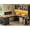 Black & Brown, variant on SEDETA L Shaped Desk with Hutch, Farmhouse Computer Desk with Drawers, Sliding Doors, Open Shelves, Corner Home Office Desk with Power Outlets & LED Lights, Wood Writing Desk, Grey