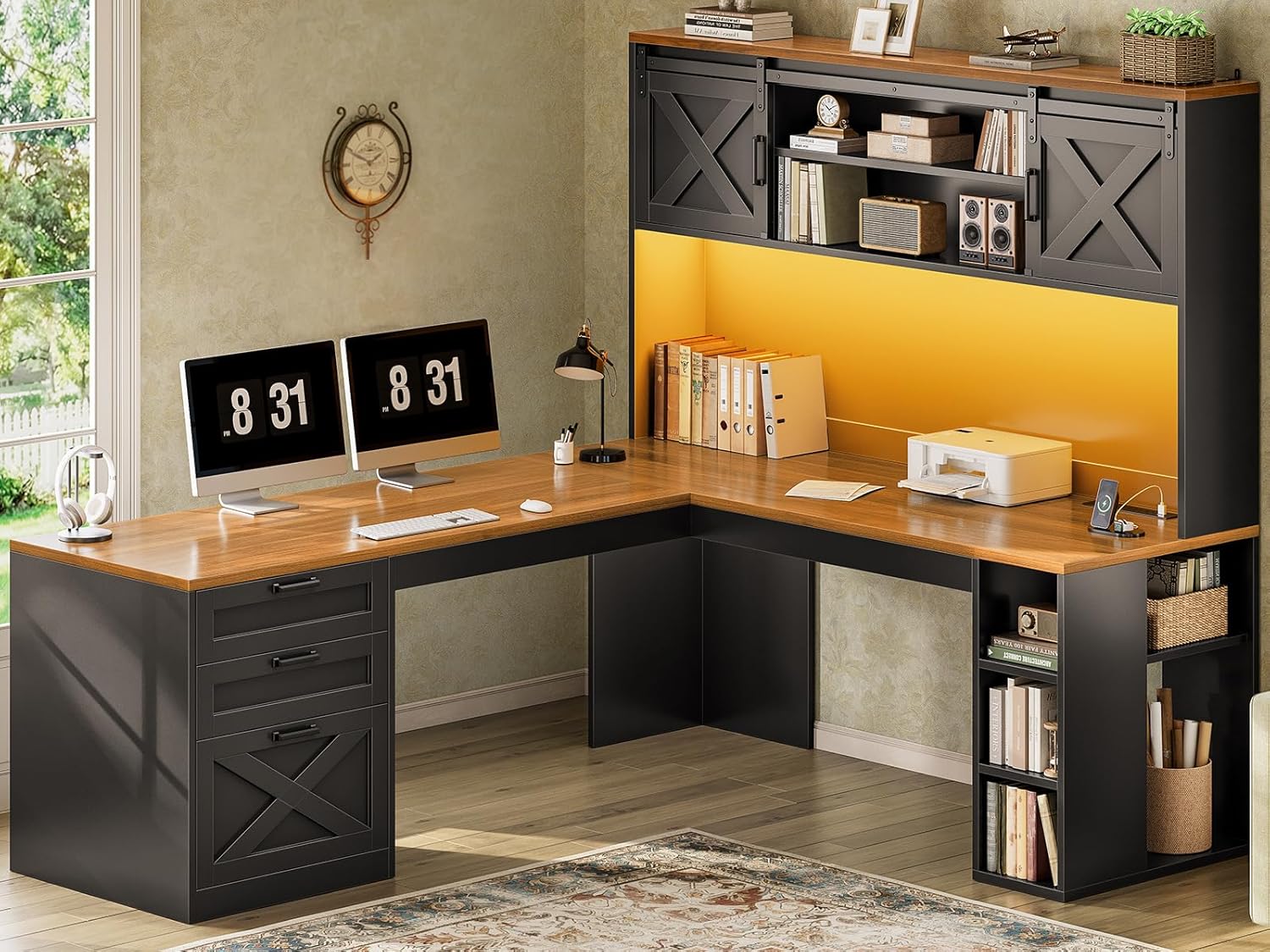 67" Farmhouse L Shaped Computer Desk with 3 Drawers and Storage Shelves, Corner Office Desk with LED Lights, Executive Desk