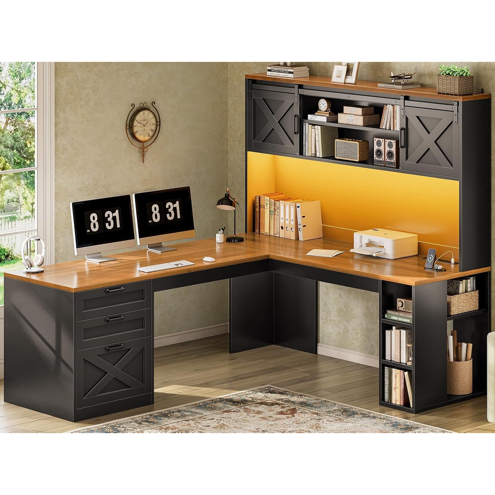 67" Farmhouse L Shaped Computer Desk with 3 Drawers and Storage Shelves, Corner Office Desk with LED Lights, Executive Desk