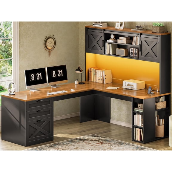 67" Farmhouse L Shaped Computer Desk with 3 Drawers and Storage Shelves, Corner Office Desk with LED Lights, Executive Desk