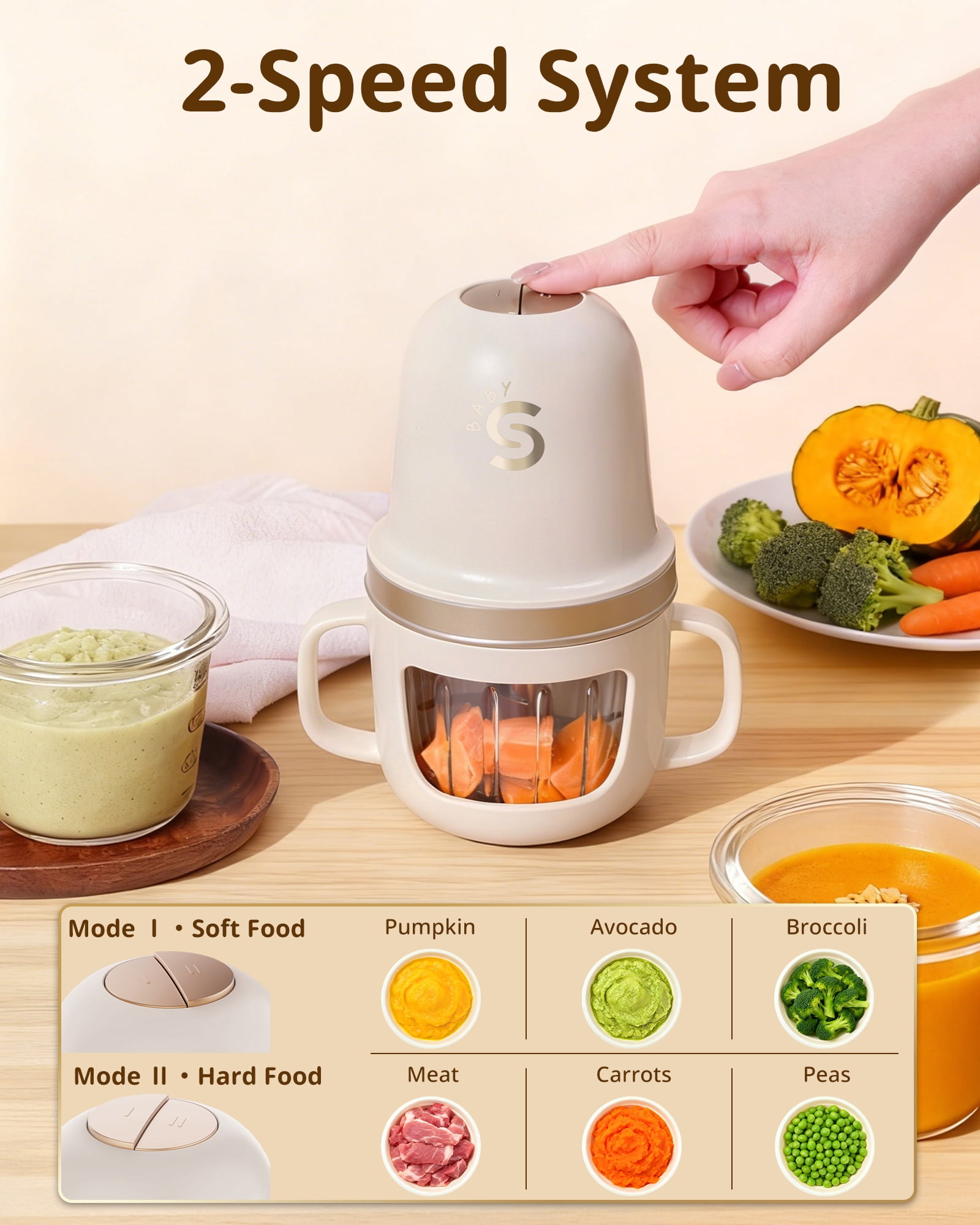 Baby Food Maker, SosekiBaby FM02 Baby Food Processor Set with Glass Bowl & 316L Stainless Steel Blades ,Baby Food Blender for Baby Puree, Meat, Vegatable,2-Speed Control, BPA-Free,Ivory
