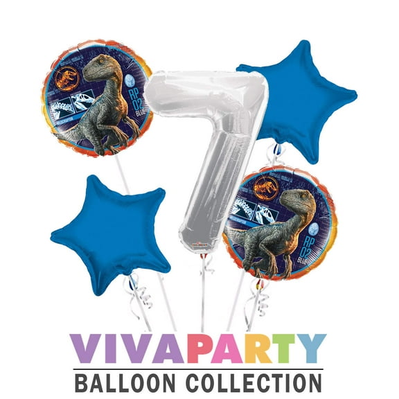 Jurassic World Velociraptor RP 02 Blue Round Balloon Bouquet 5 pc, 7th Birthday, Silver Number 7 Jumbo Balloon | Viva Party Balloon Collection