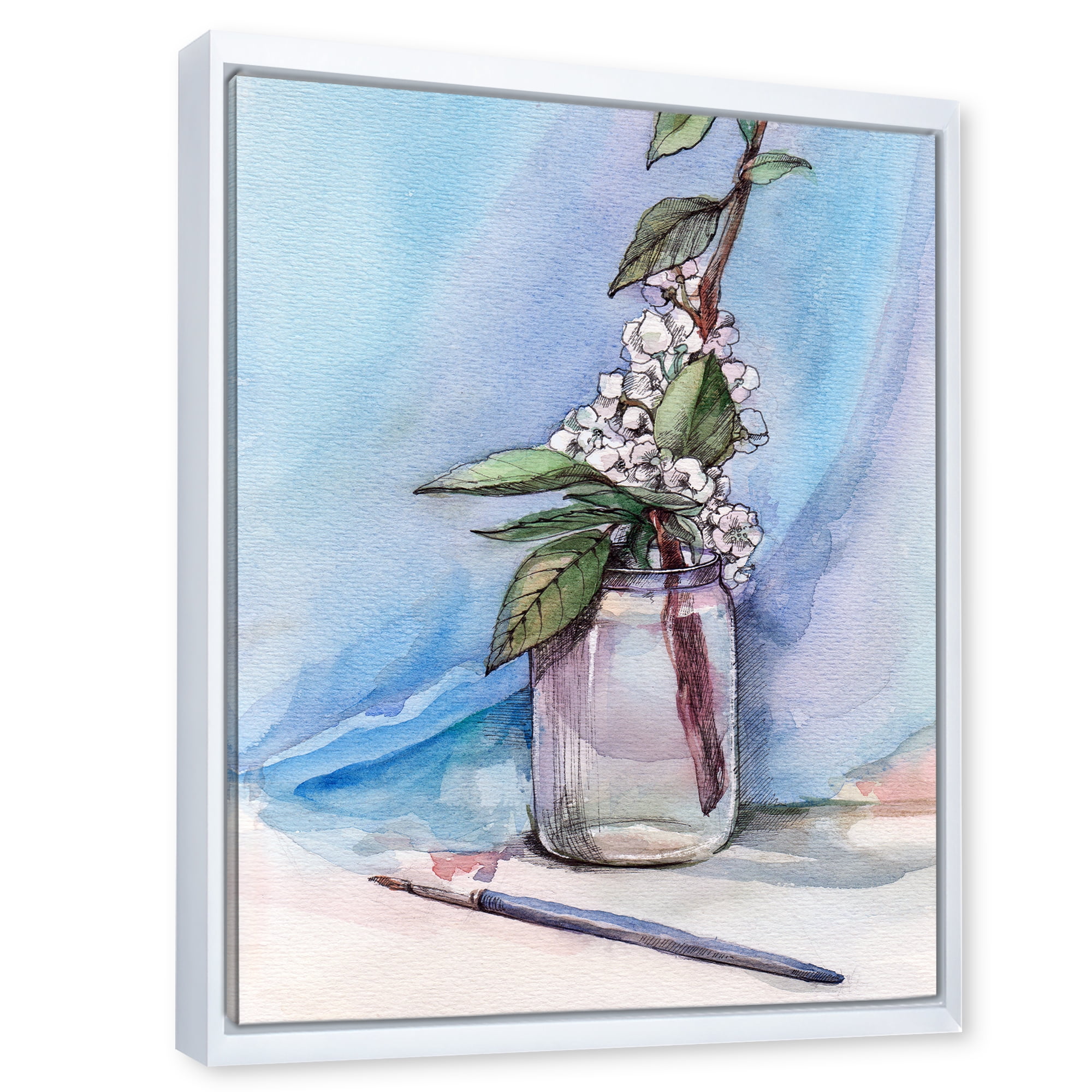 Designart 'Cherry Blossom Flowers In Glass Jar' Farmhouse Framed Canvas Wall Art Print