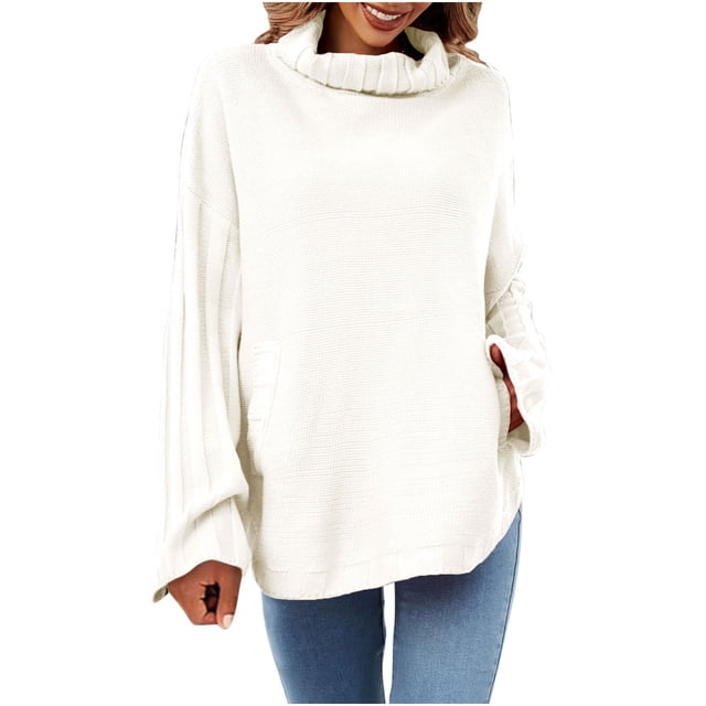 TIMIFIS Womens' Turtleneck Long Sleeve Cable Knit Sweaters Oversized Sweaters Fall Long Sleeve Spilt Hem Tunic Pullover Sweater Knit TopsFall/Winter