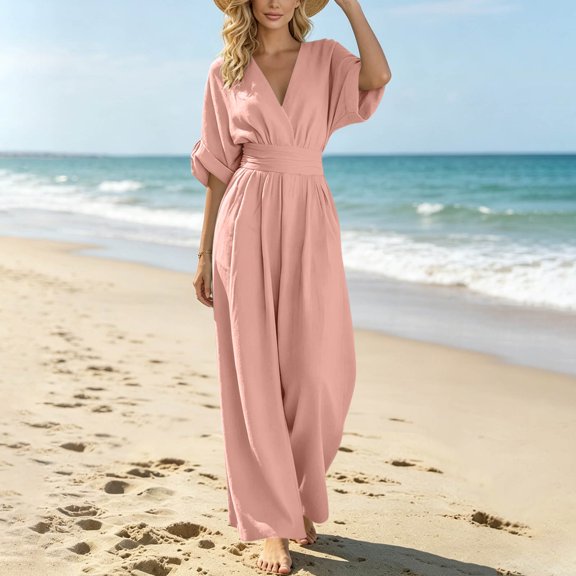 Pounoo Jumpsuits for Women V Neck Wrap Front Tie Waist Wide Leg Linen Jumpsuit Solid Color Casual Summer Beach Vacation Outfits
