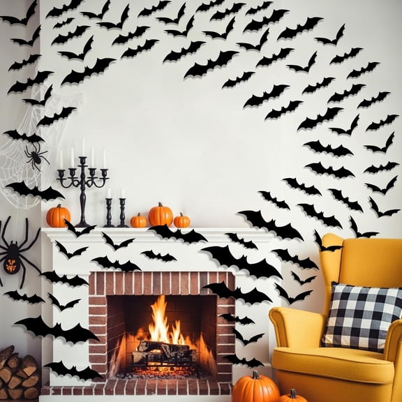 Big Size Bat Wall Decor Stickers, 96pcs Indoor Large Bats Halloween Decorations, DIY 3D Gothic Bats Decor, PVC Bat Stickers for Gothic House, Hunted Mansion, Ghost House, Goth Decor