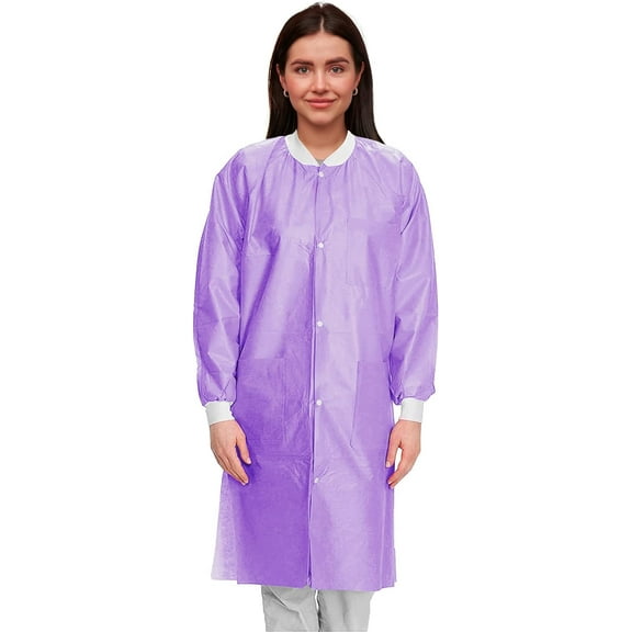 Disposable Lab Coat 46 Inches Long, XX-Large. Pack of 50 Purple SMS Disposable Lab Coats for Adults. 50 GSM Disposable Coats Medical with 3 Pockets, Front Snaps, Knit Cuffs, and Collar