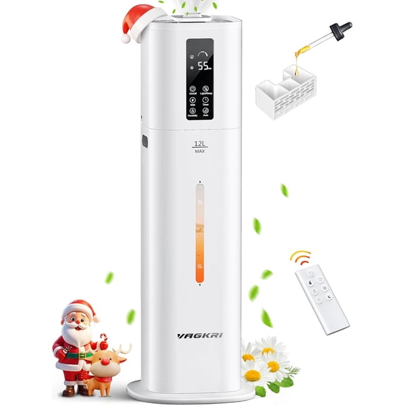 VAGKRI 12L Humidifiers for Large Room, Last 120 Hours, Cover up to 1000ft², Top Fill Ultrasonic Cool Mist Humidifier, 3 Mist Level, 24H Timer, Essential Oil Diffuser Humidifiers For Bedroom, Home