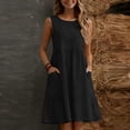 thumbnail image 5 of Dresses for Women Crew Neck Sleeveless Mini Dress Fashion Soild Color Pleated Cotton-Linen Button Sundress with Pocket, 5 of 6