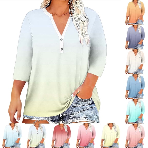 Crunowin Plus-Size Tops for Women, Gradient V-Neck 3/4-Sleeve Button Tee Loose Casual & Comfy T-shirts Yellow L