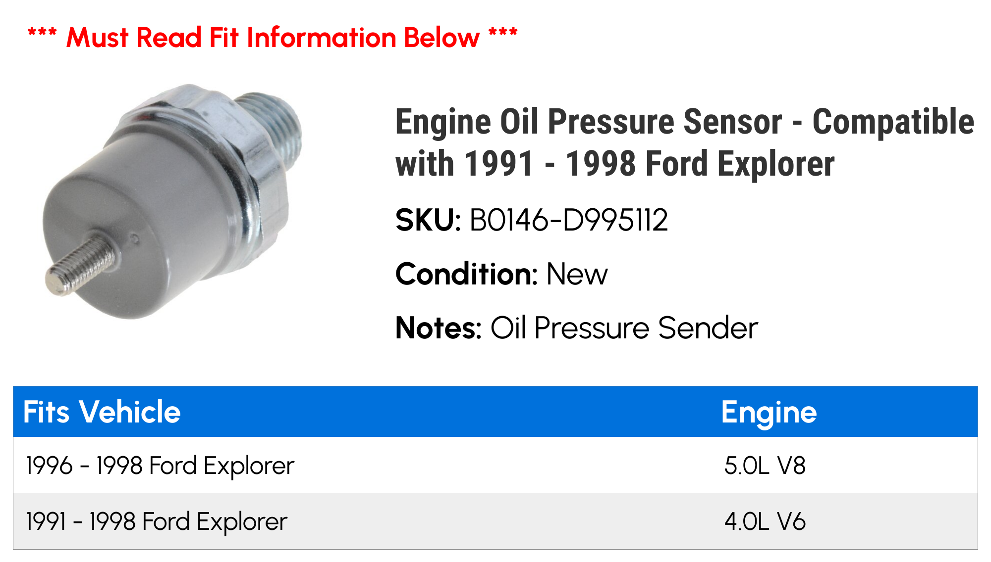 Engine Oil Pressure Sensor - Compatible with 1991 - 1998 Ford Explorer 1992 1993 1994 1995 1996 1997