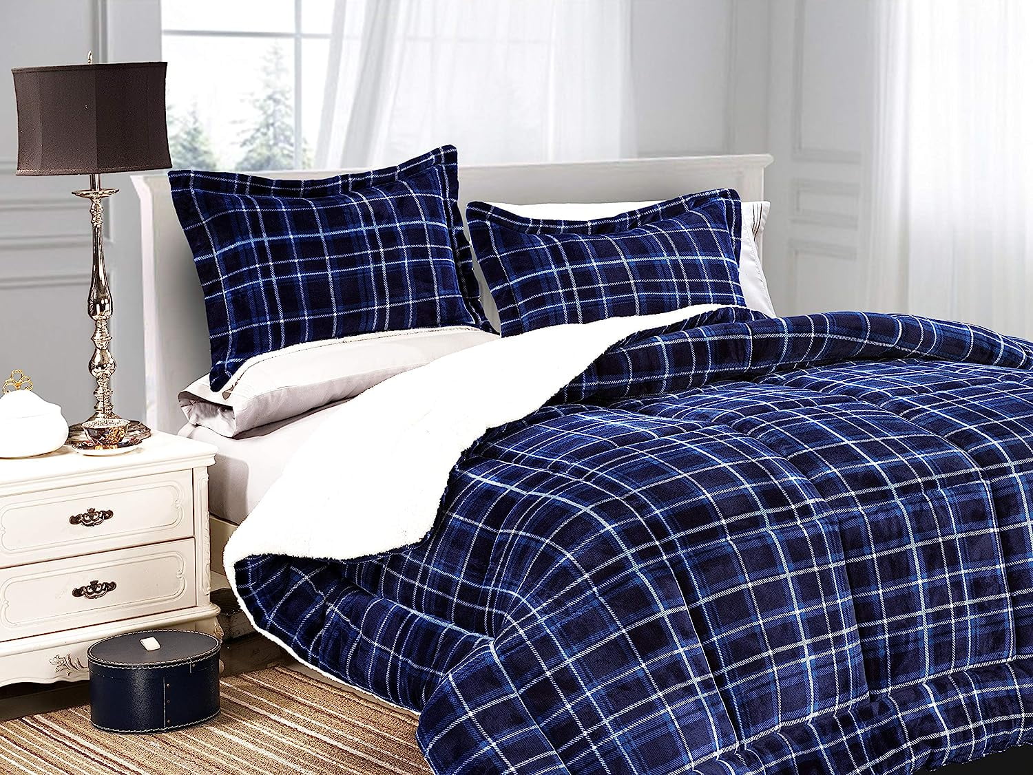 Navy Plaid Reversible Sherpa Comforter Set with Shams, Full/Queen