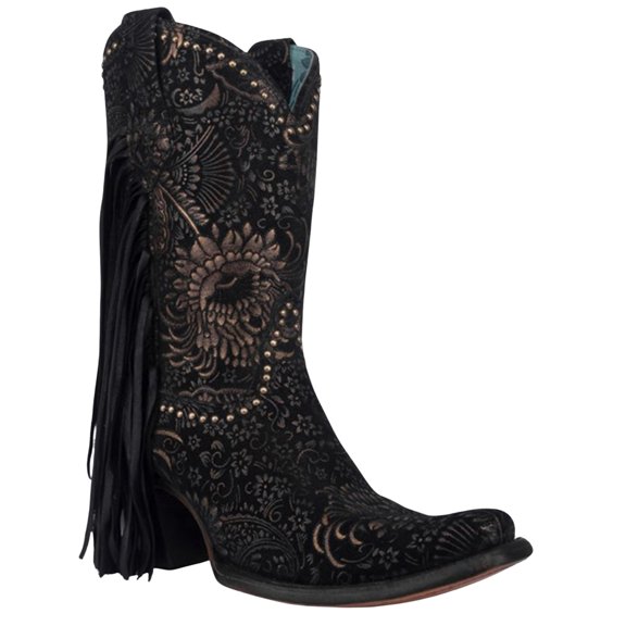 Corral Women's Stamped Floral Suede Fringe Western Boot Square Toe - A4492 9 M  US