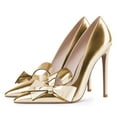 thumbnail image 3 of YDN Women Graceful Bows Slip On Pumps Pointed Closed Toe Stiletto Super High Heels Prom Wedding Party Dress Shoes Size 9.5 Gold, 3 of 5