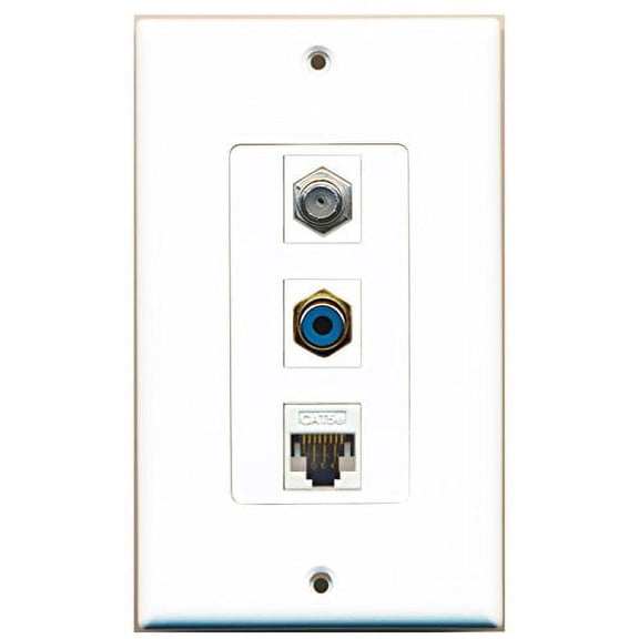 RiteAV - 1 Port RCA Blue and 1 Port Coax Cable TV- F-Type and 1 Port Cat5e Ethernet White Decorative Wall Plate Decorative