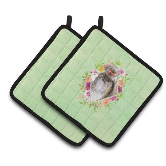 Carolines Treasures CK4344PTHD Shih Tzu Green Flowers Pair of Pot Holders 7.5HX7.5W multicolor