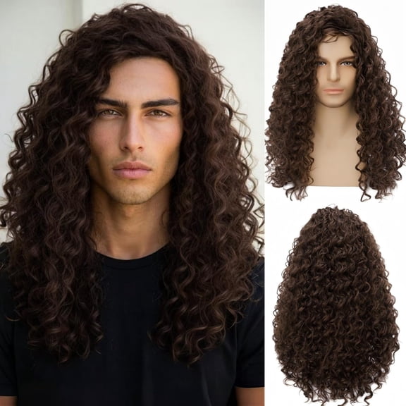 Mens Long Brown Curly Wig Fluffy Curly Synthetic Cosplay Costume Halloween Hair Wigs