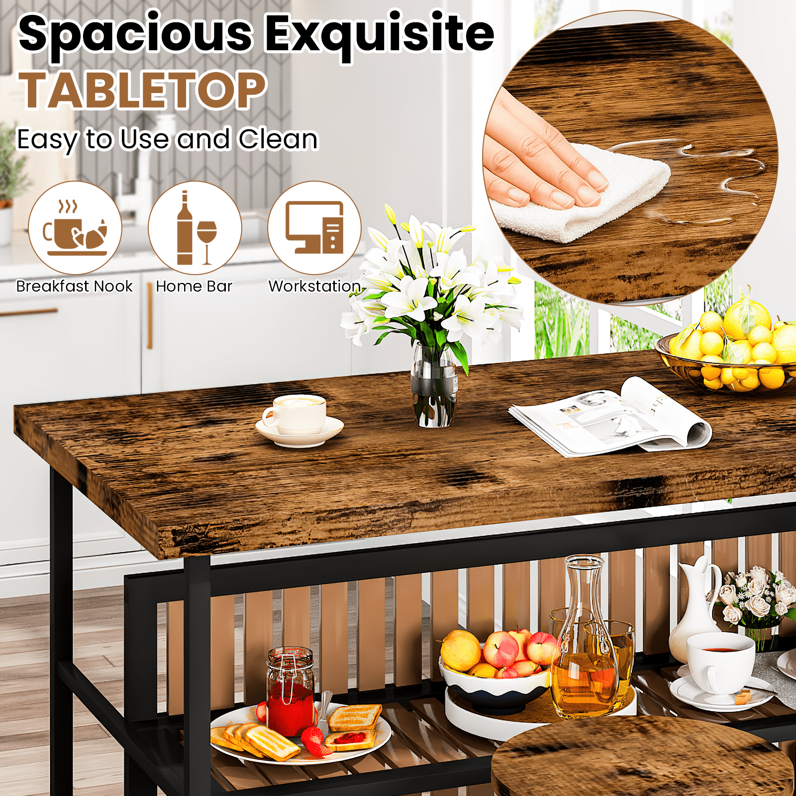 Cvortll Kitchen Island with Seating and Storage, 47.2" Wooden Counter Height Bar Table with 2 Stools, Space Saving Dining Table Set for Small Apartment or Bistro, Brown