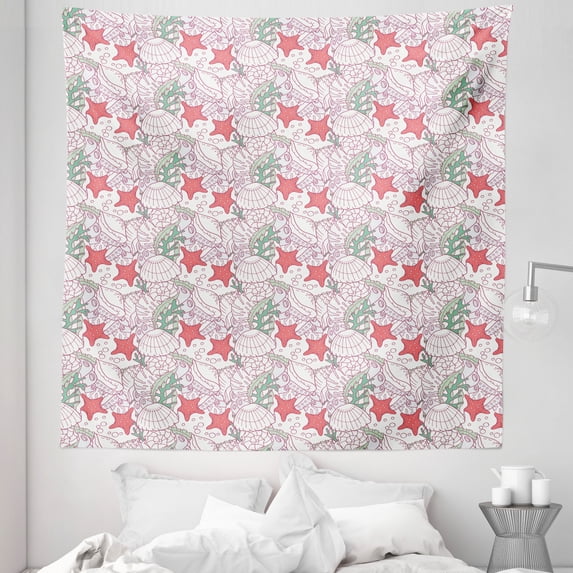 Starfish Tapestry, Doodle Style Seashells and Seaweeds Underwater Fauna and Flora, Fabric Wall Hanging Decor for Bedroom Living Room Dorm, 5 Sizes, Dark Coral Pale Pink, by Ambesonne