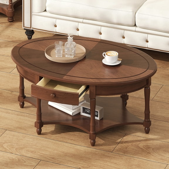 GARITIN Oval Coffee Table 45 Inch, Vintage Cocktail Table with Drawer and Storage Shelf for Living Room, Dark Walnut