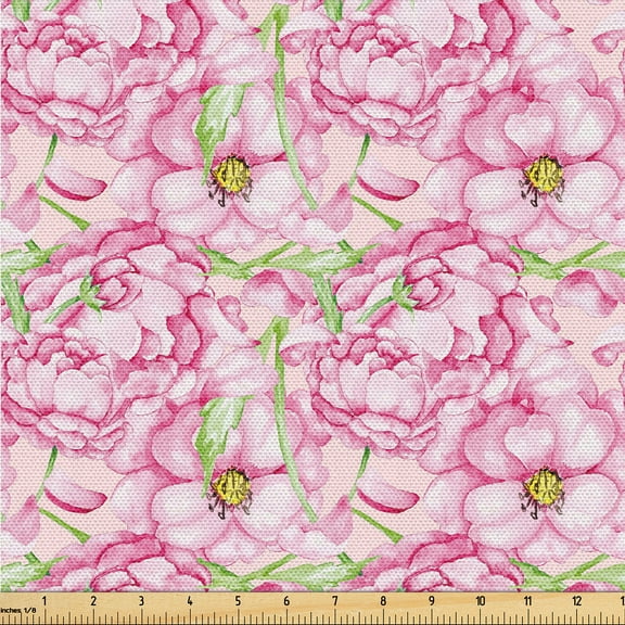 Ambesonne Floral Themed Fabric by the Yard, Romantic Summer Bloom, 1 Yard, Pale Pink Lime Green