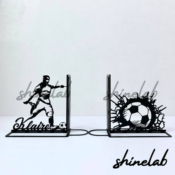 Shinelab Playing Soccer Metal Bookends Custom Football Player Name Bookend Gift, Sport Desk Bookshelf Decor 6422