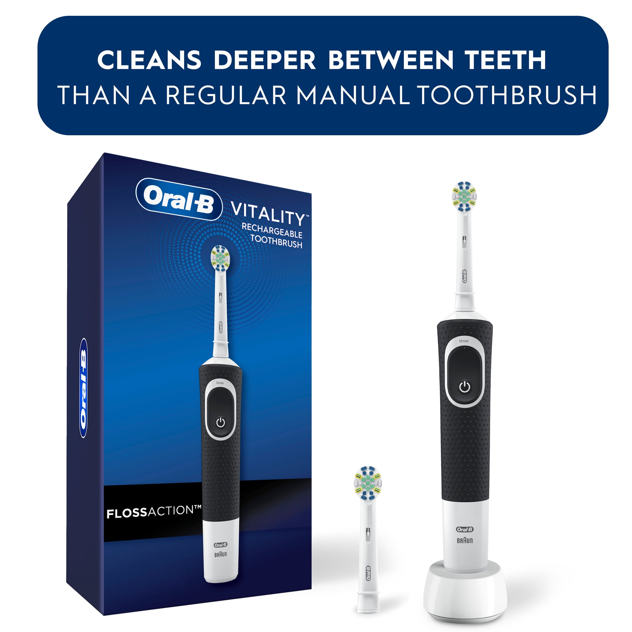 Oral‑B Floss, Vitality Floss Action Rechargeable Electric Toothbrush, Black, 1 Count, for Adults & Kids 3+