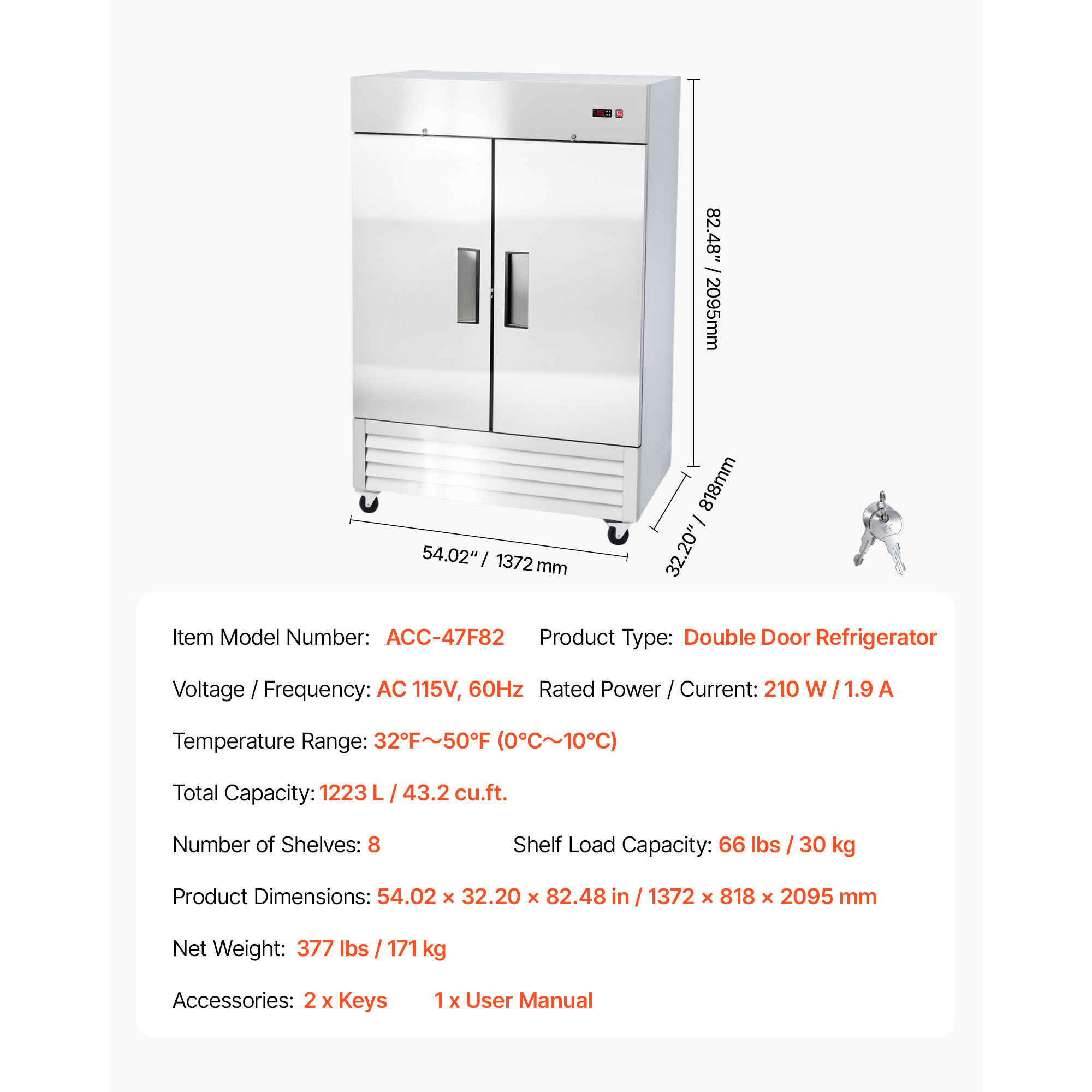KFFKFF Commercial Stainless Steel Double-Door Refrigerator, 54" Wide, 44 Cu.Ft Capacity, Adjustable Temperature Range 32-50℉, Auto-Defrost with 8 Shelves, ETL Certified