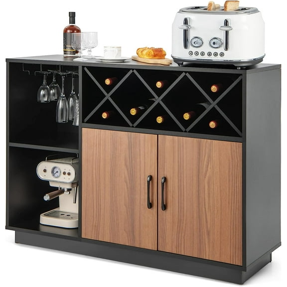 LOKO Buffet Cabinet with Storage, Modern Kitchen Storage Cabinet with Removable Wine Rack & 3-Row Wine Glass Holder, Rustic Credenza Wine Bar Cabinet with Adjustable Shelf, 45.5 x 15.5 x 32 Inches