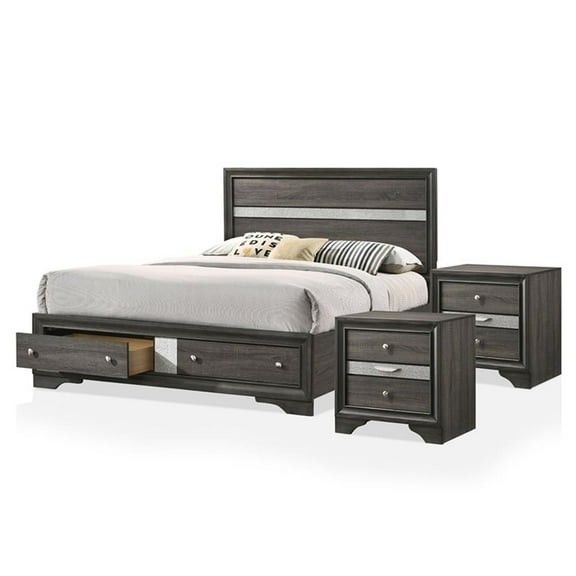 FOA Laren Contemporary 3-Piece Gray Wood Bedroom Set - King   2 Nightstands
