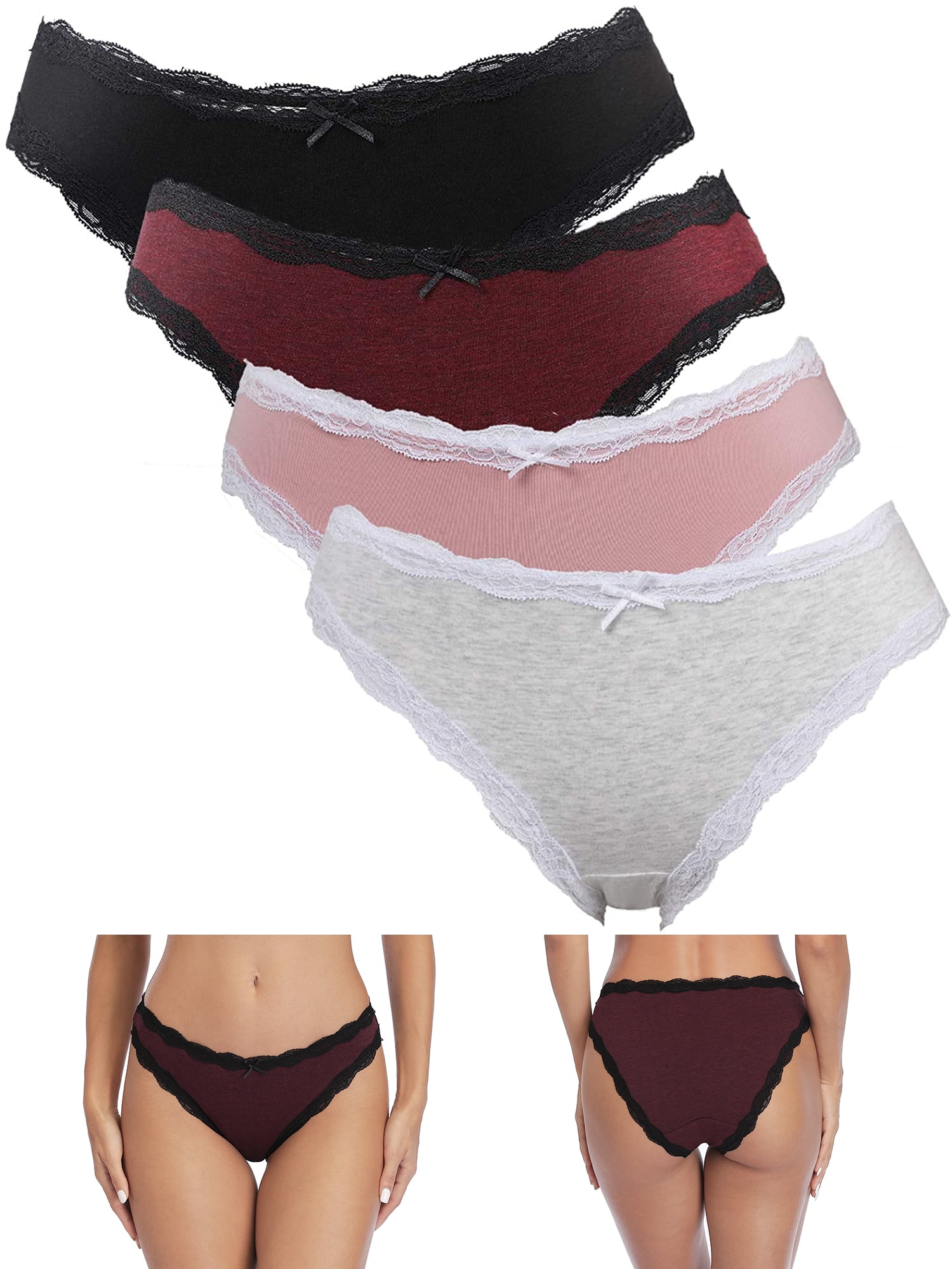 ALove Women Cotton Bikini Panties Comfort Underwear Lace Trim Briefs 4 Pack 