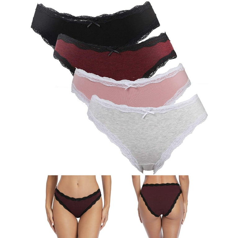 Women's Mid Rise Cotton Underwear Lace Trim High Cut Panties,4-Packs