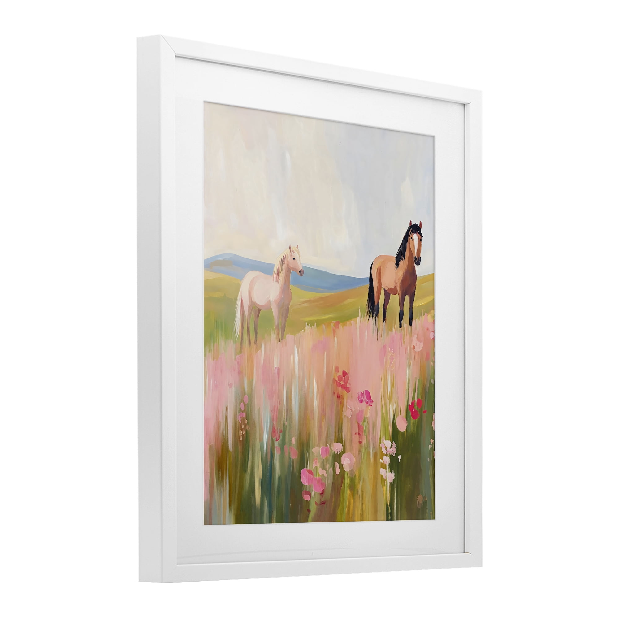 Stupell Industries Wild Horses in Pink Meadow White Framed Print Under Glass, design by The Prints Vibe