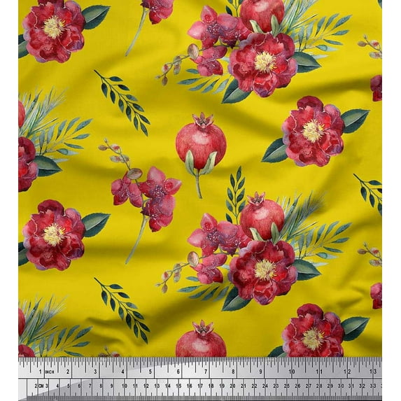 Soimoi Yellow Poly Georgette Fabric Leaves,Pomegranate & Floral Print Fabric by Yard 52 Inch Wide