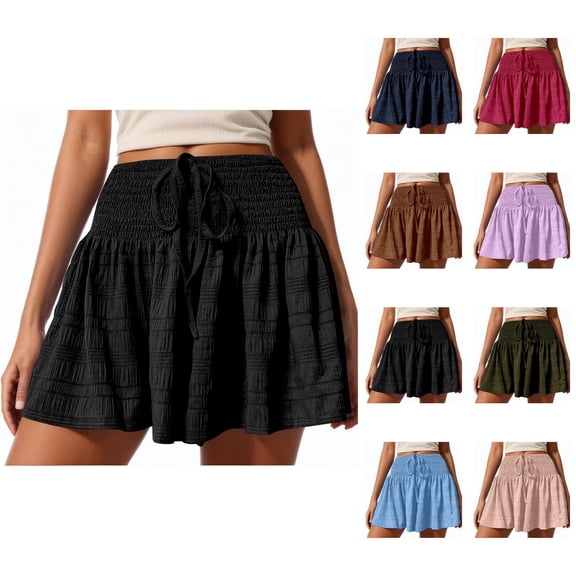 Shorts for Women 2026 Summer Elastic High Waist Drawstring Smocked Wide Leg Flowy Casual Beach Shorts