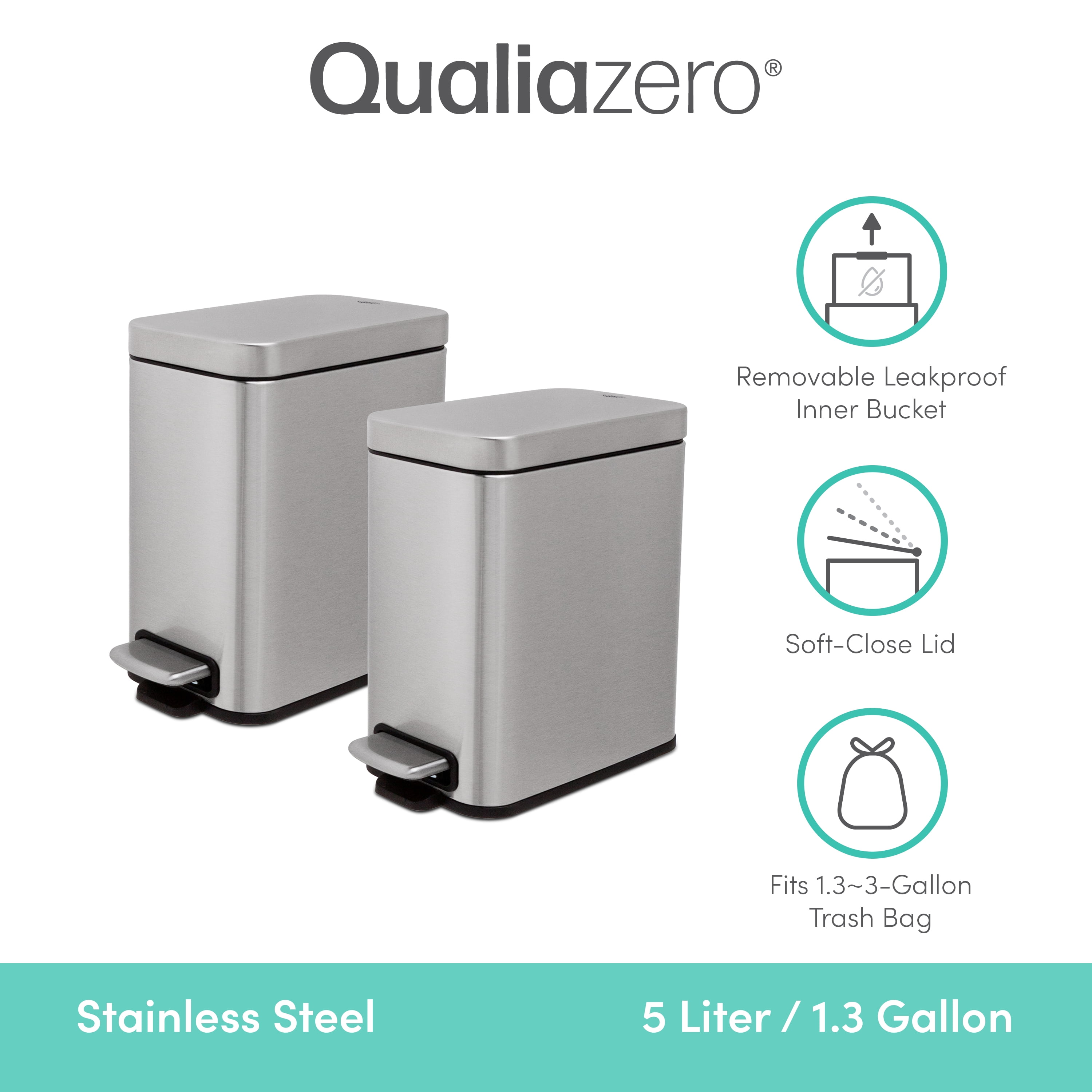 Qualiazero 1.3 Gallon (5L) Stainless Steel Slim Step-On Trash Can "Twin Pack", Soft-Close Lid, Small Bathroom Garbage Bin Set, Silver