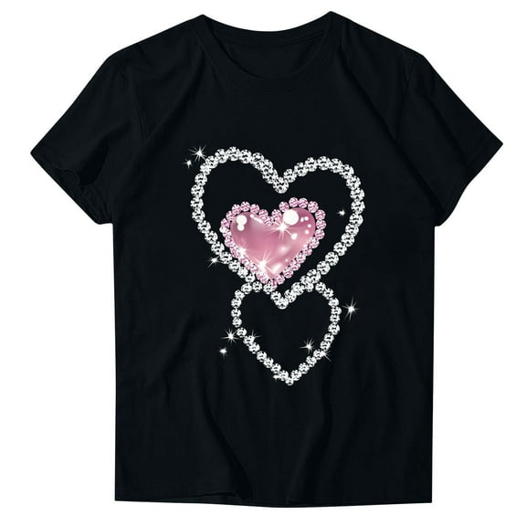 Women T-shirts Love Hearts Printed Short Sleeve Tops Crew Neck Tshirts Valentine's Day Shirts Casual Graphic Tees (XL, Black 12)